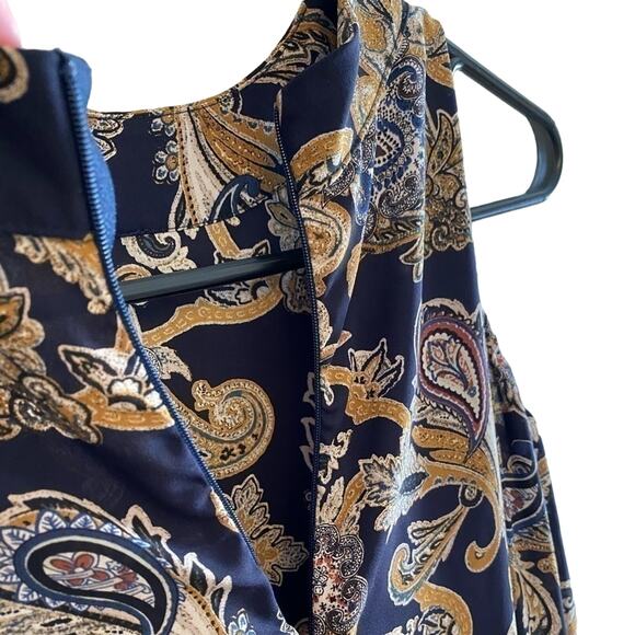 Veronica M. Navy Blue Paisley Print Long Belll Sleeve Cold-Shoulder Blouse Large - Picture 3 of 6